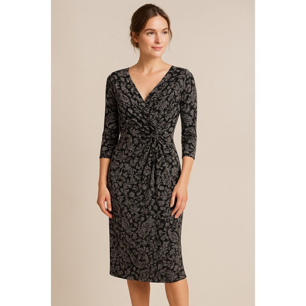 Garnet Hill Black Floral Print Ruched Wrap Dress Size M 3/4 Sleeve Knee Length